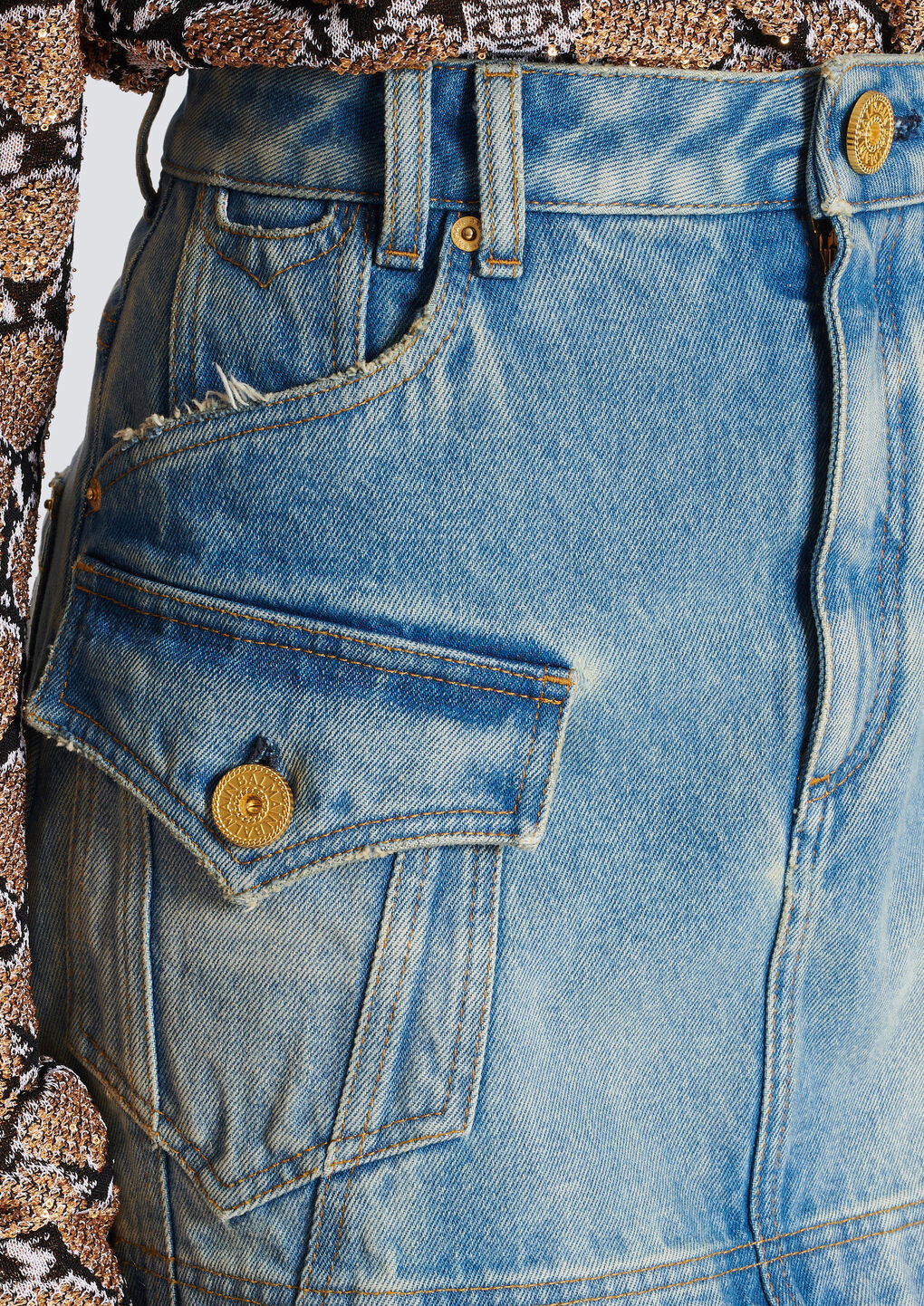 Balmain Mini Cargo Skirt In Blue Cotton Denim In Blue