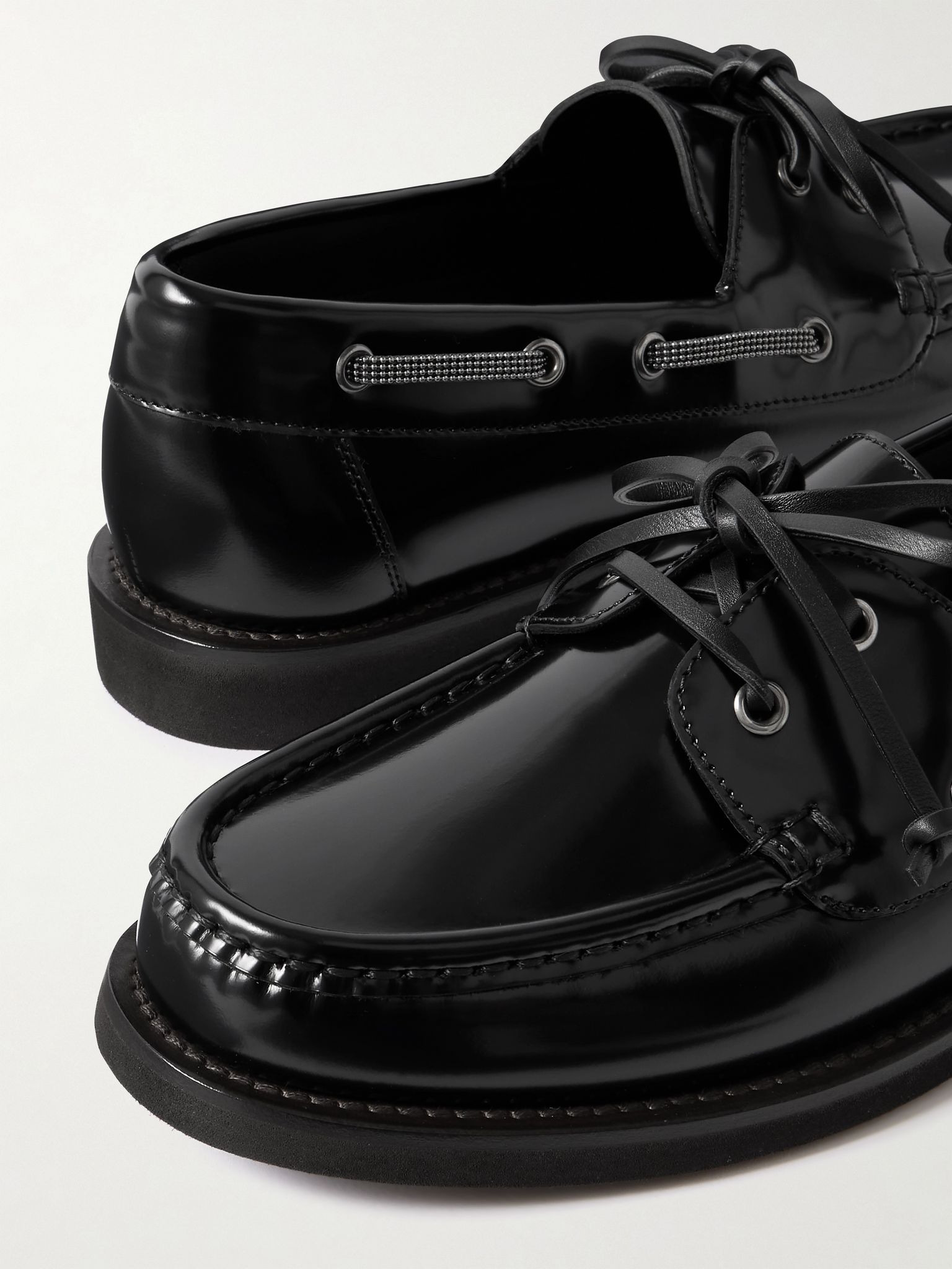 Brunello Cucinelli Embellished Polished-leather Boat Shoes In Black