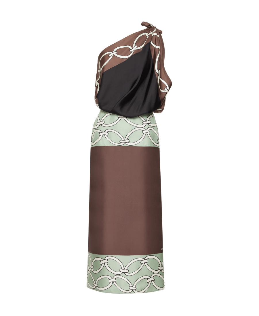 Valentino Chain-print One-shoulder Silk Midi Dress In Brown