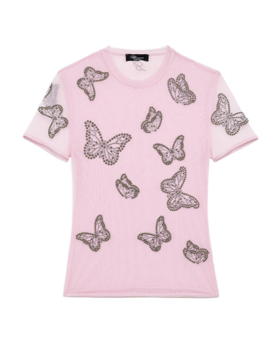 Blumarine Butterfly-studded Semi-sheer T-shirt In Pink