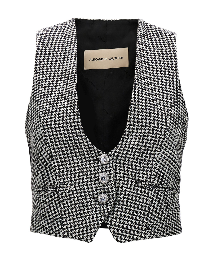 Alexandre Vauthier Houndstooth Pattern V-neck Sleeveless Waistcoat With Adjustable Back Strap In Black