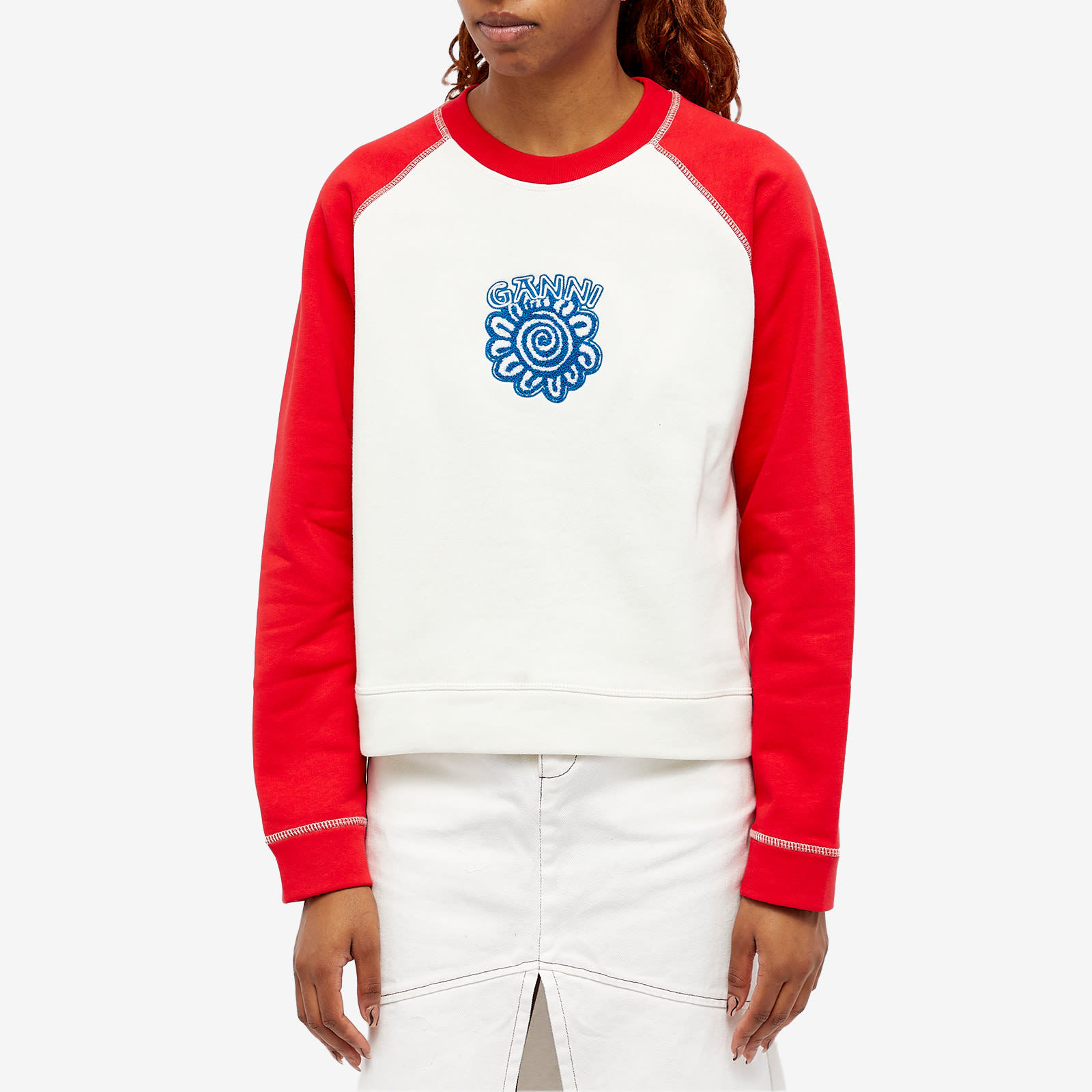 Ganni Long Sleeve Isoli Raglan Contrast Sleeve Sweatshirt In White