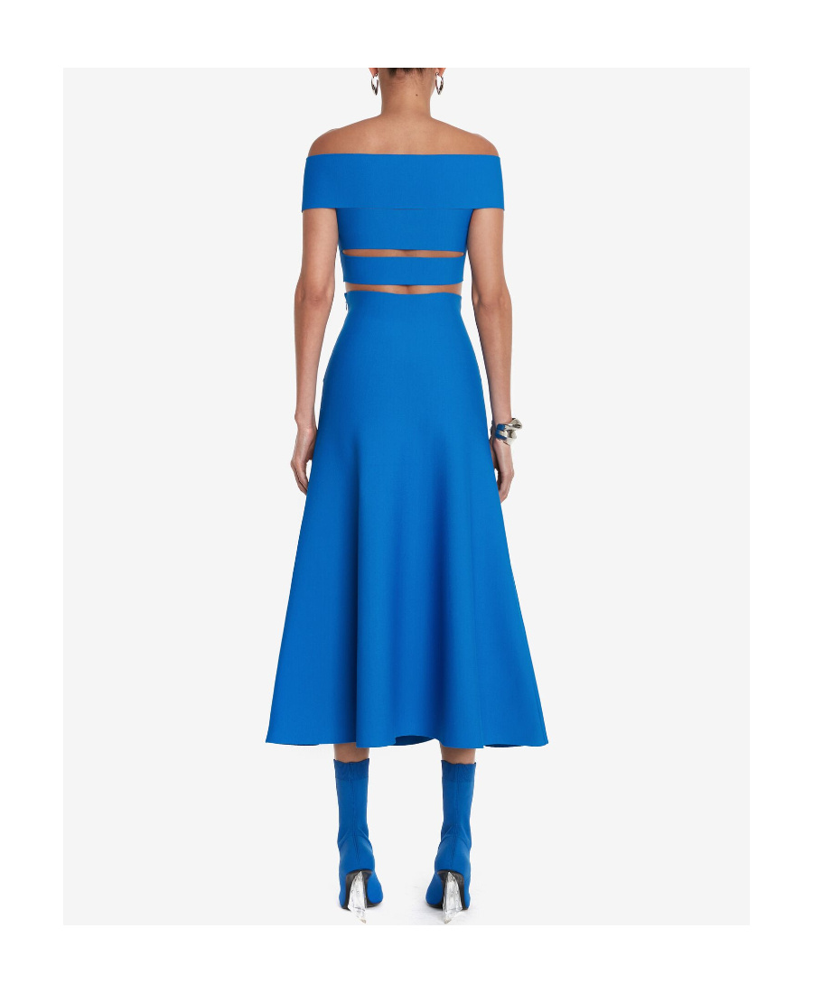 Alexander Mcqueen Off-shoulder Flared Midi Dress In Blue
