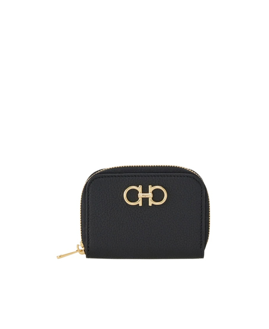 Ferragamo Black Coin Purse With Gancino Logo In Hammered Leaher Woman In Black