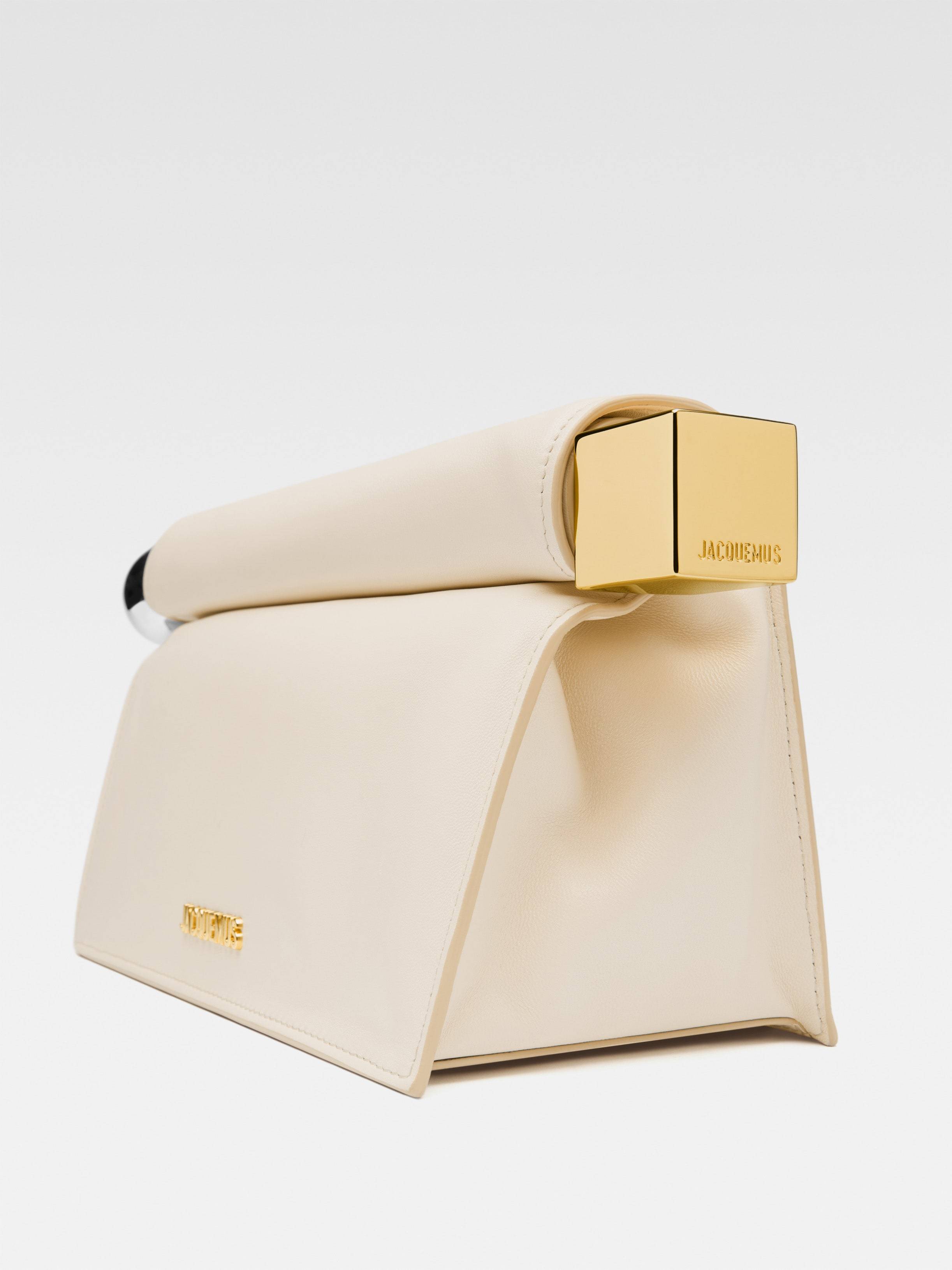 Jacquemus Ivory Leather Clutch Bag With Logo Plaque And Gold Details