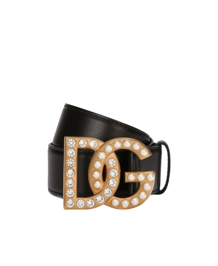 Dolce & Gabbana Embellished Dg Logo Buckle Belt In Calf Leather In Black