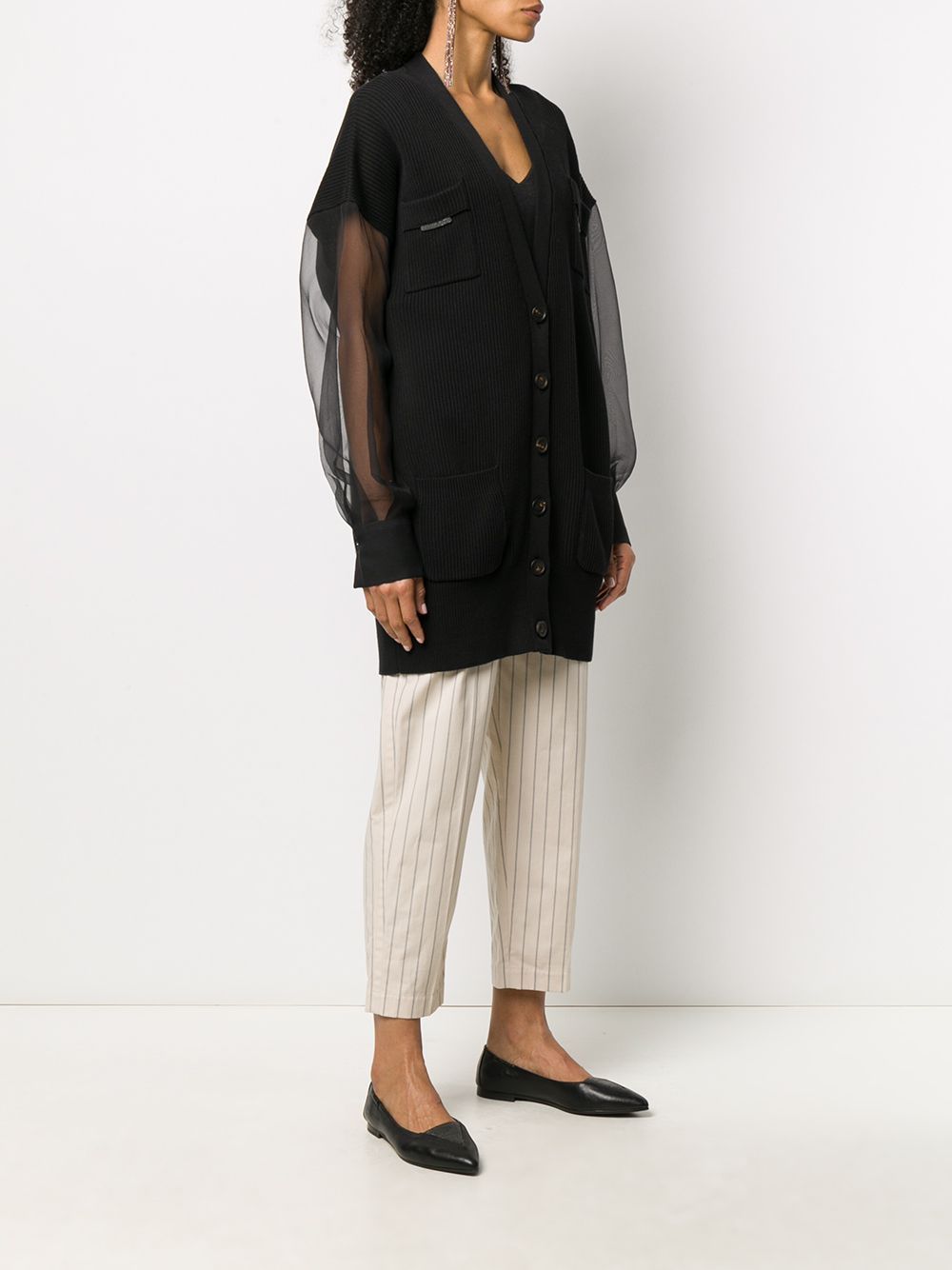 Shop Brunello Cucinelli Chiffon-sleeved Ribbed Cardigan In Black