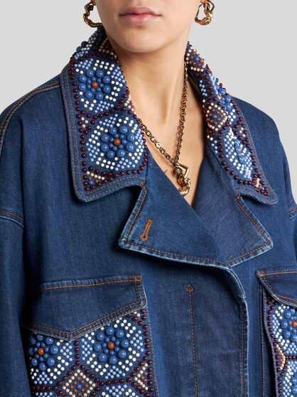 Etro Cropped Jacket With Pearl Embroidery In Navy Blue