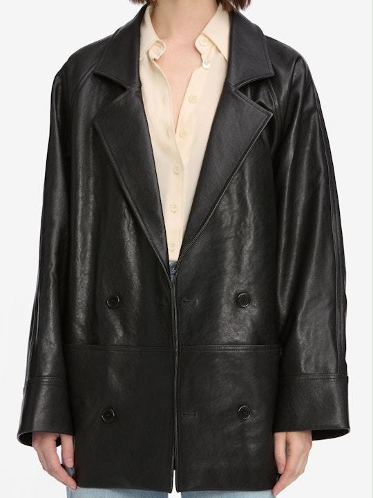Frame Double-breasted Leather Jacket In Black