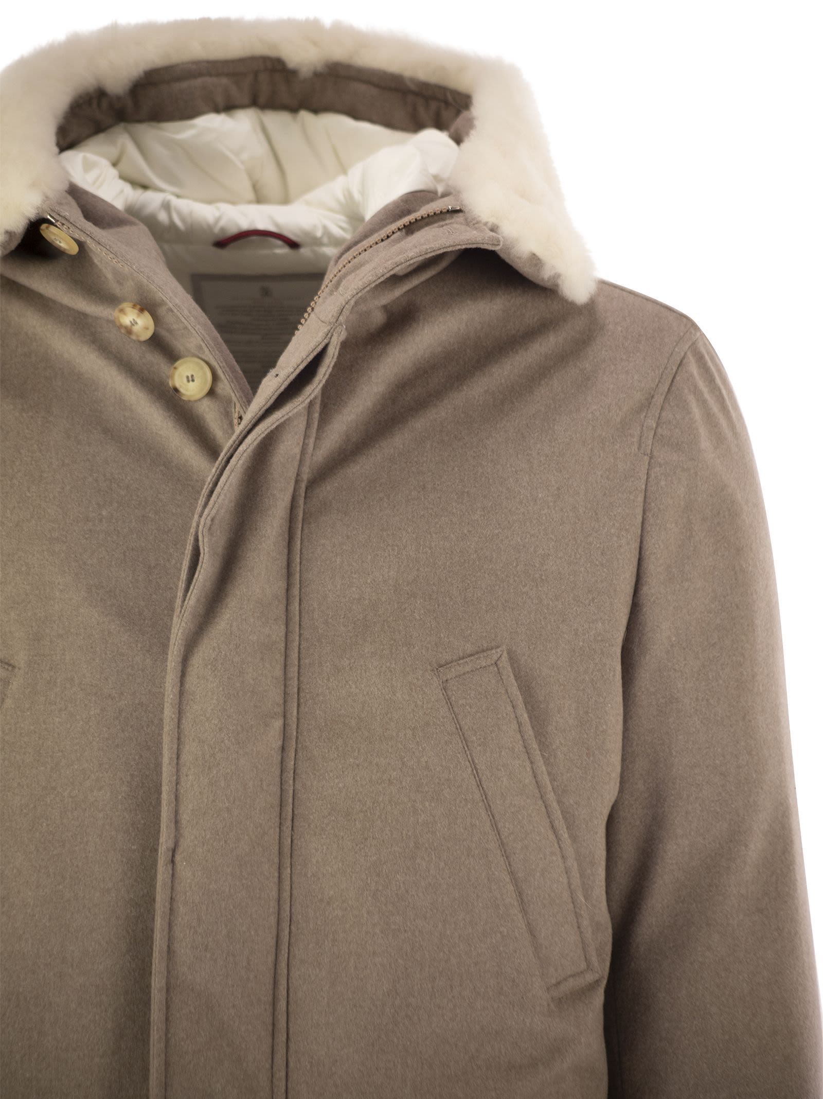 Brunello Cucinelli Men Wool Coat With Fur Collar In Gray