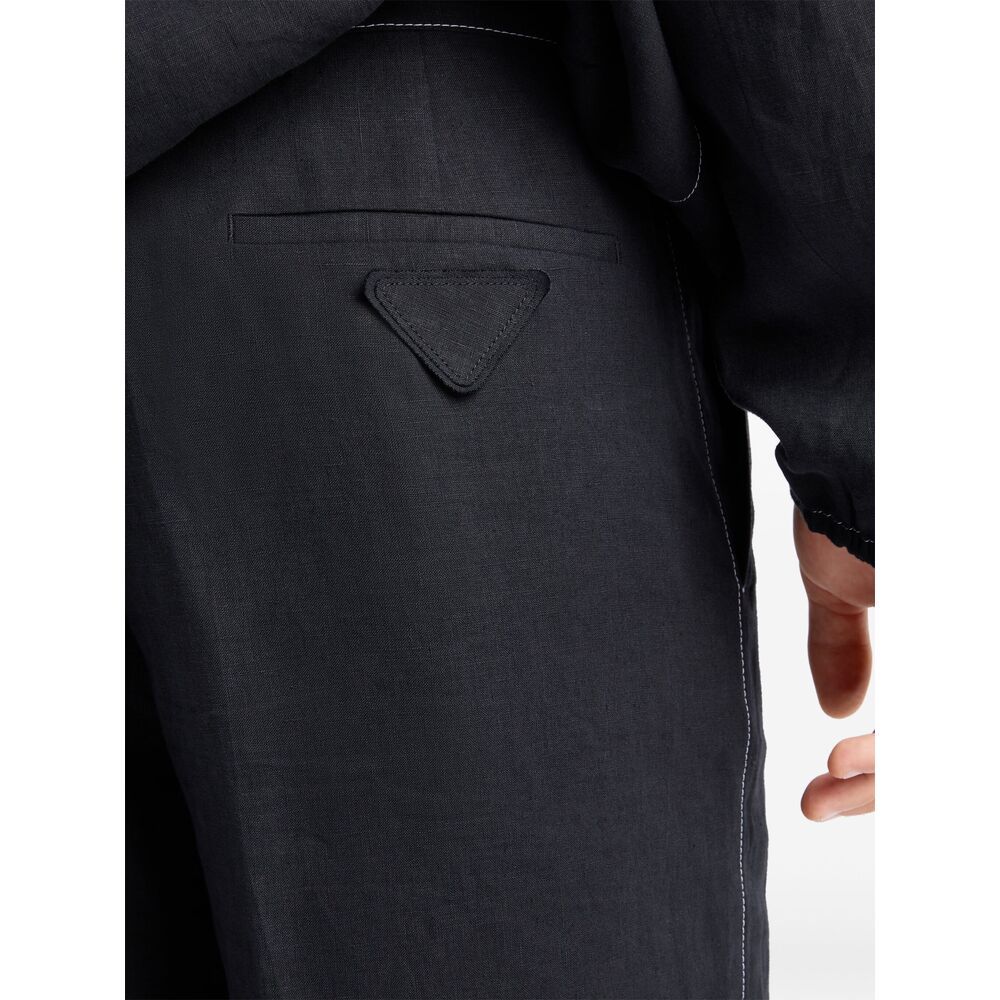Prada Mens Black Triangle-logo Tailored Linen Bermuda Shorts In Black
