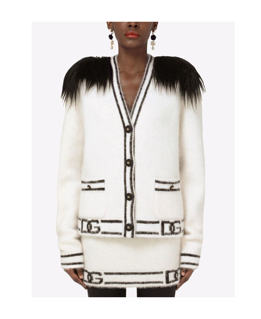 Dolce & Gabbana Logo Striped Trim Cardigan W/ Faux-fur Back In White