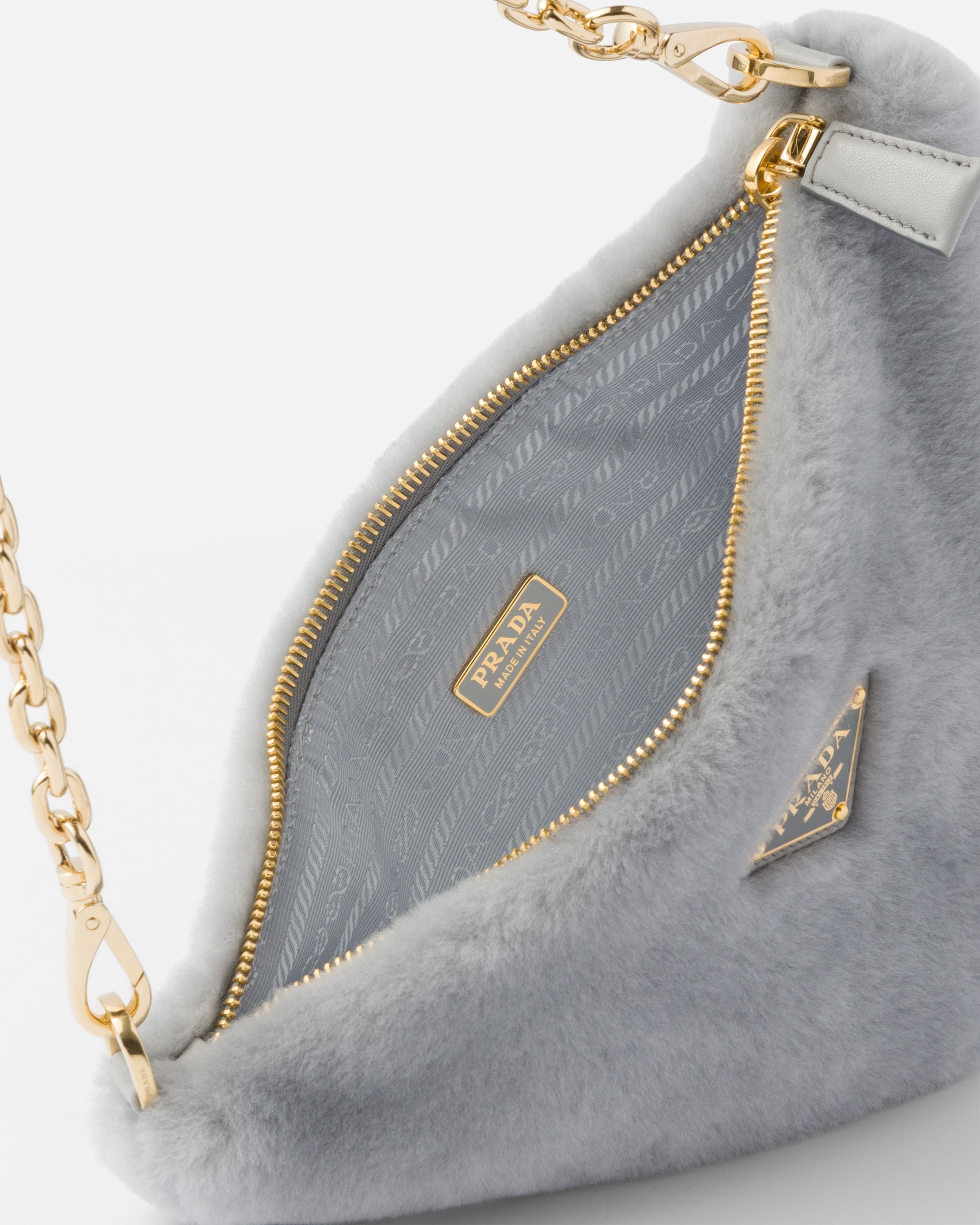 Prada Grey Shearling Mini Shoulder Bag In Cornflower Blue