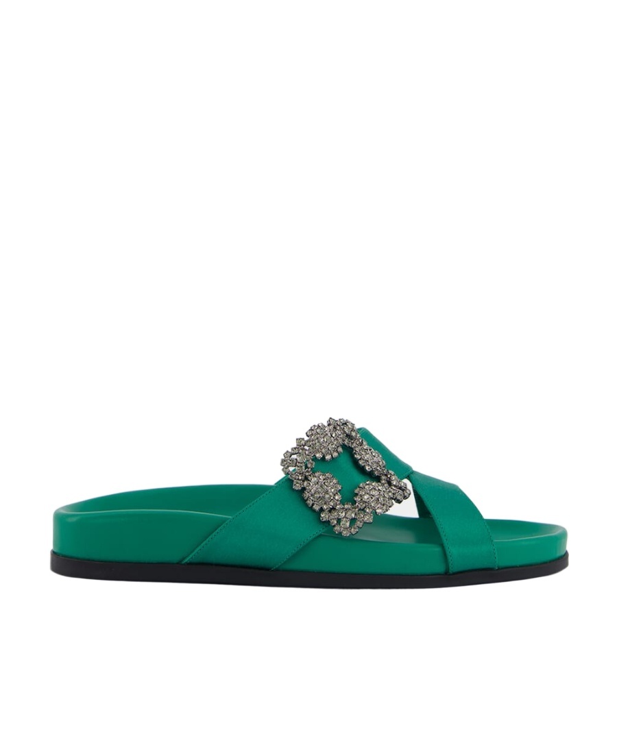 Manolo Blahnik Chilanghi Crystal Buckle Slide Sandals In Green