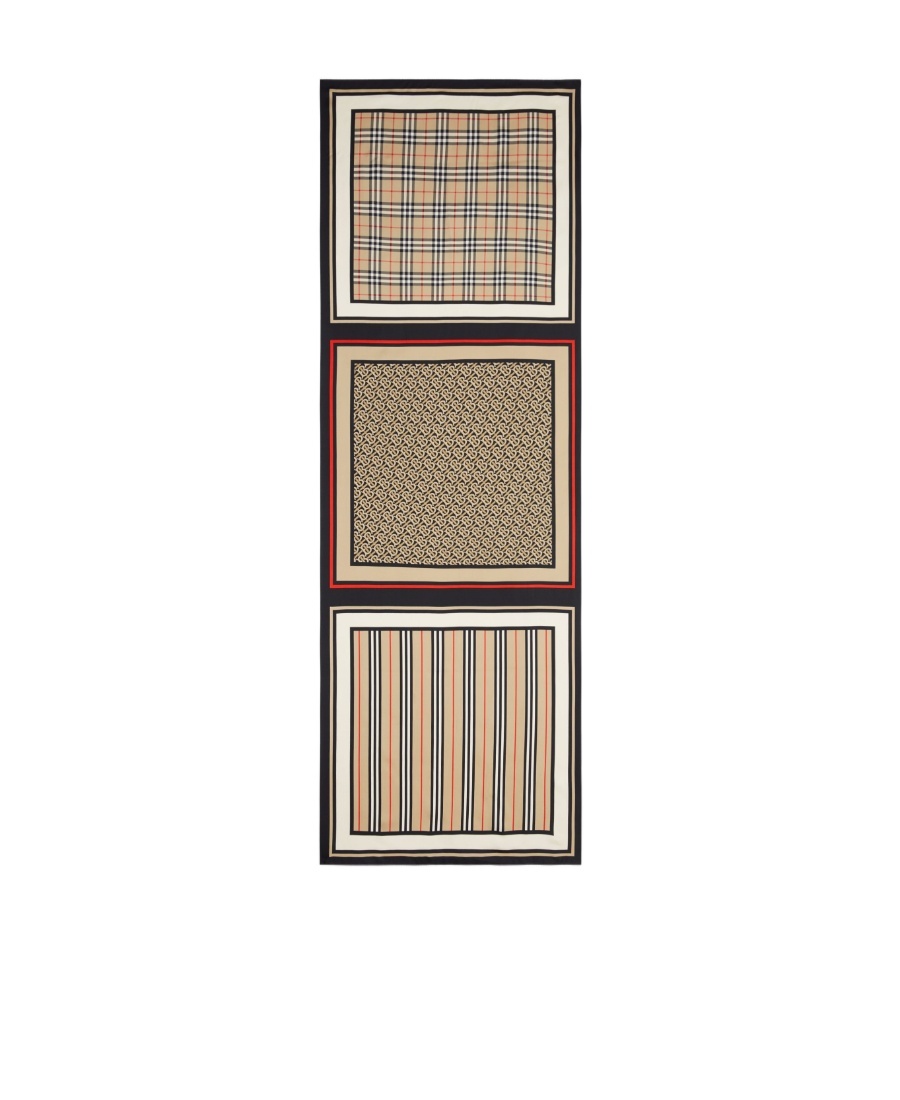Burberry Monogram, Icon Stripe And Check Print Silk Scarf In Brown