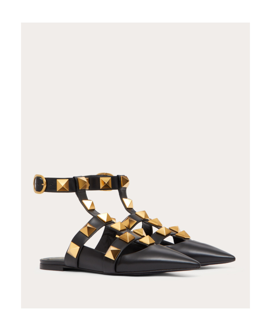 Valentino Roman Stud Leather Ankle Strap Flat In Black