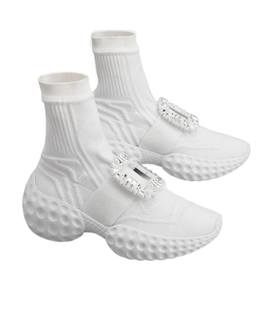 Shop Roger Vivier Viv' Run Light Socks Strass Buckle Ankle Boots In Fabric In White