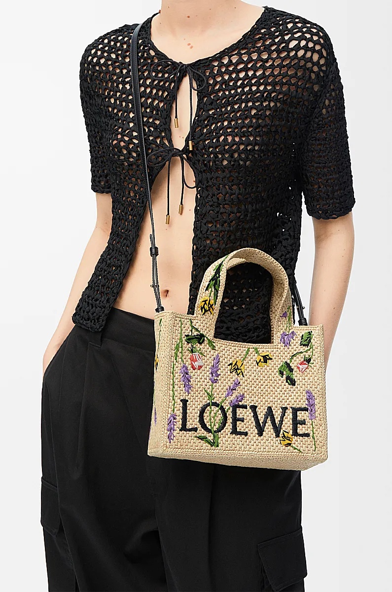 Loewe Font Flowers Small Raffia Tote Bag In Nude