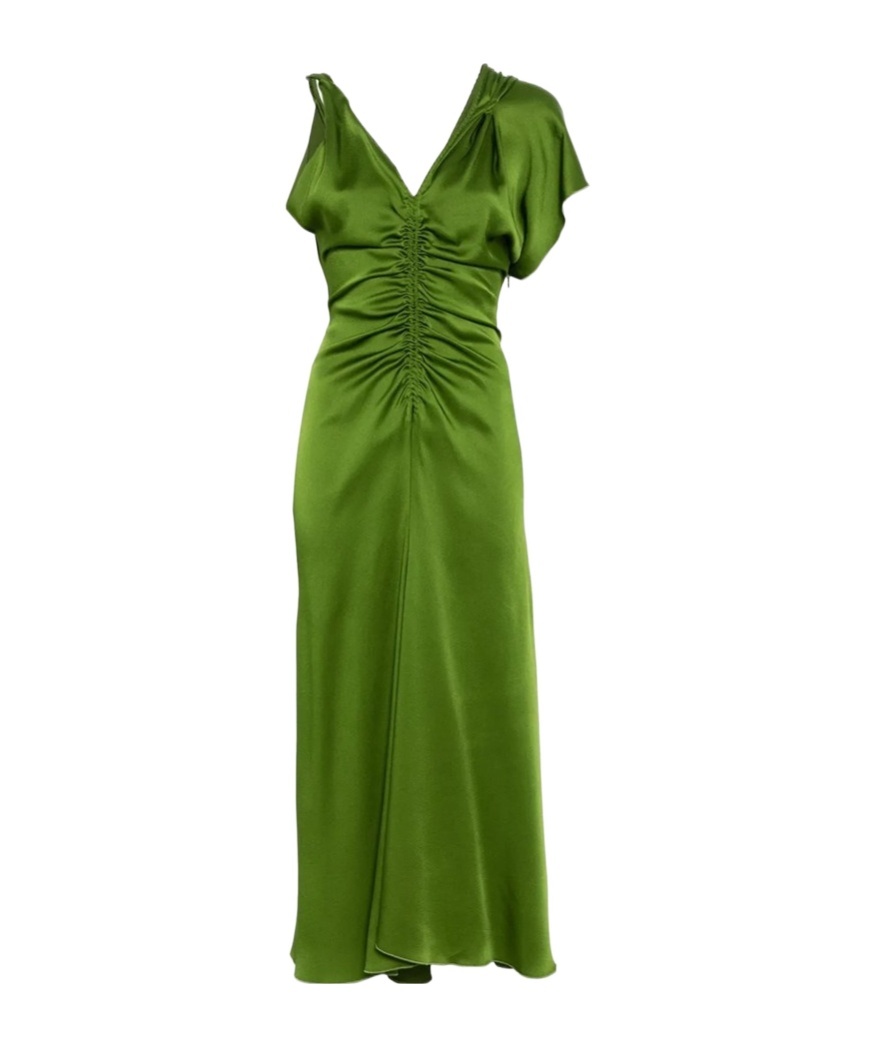 Victoria Beckham Asymmetric Ruched Midi Dress In Green