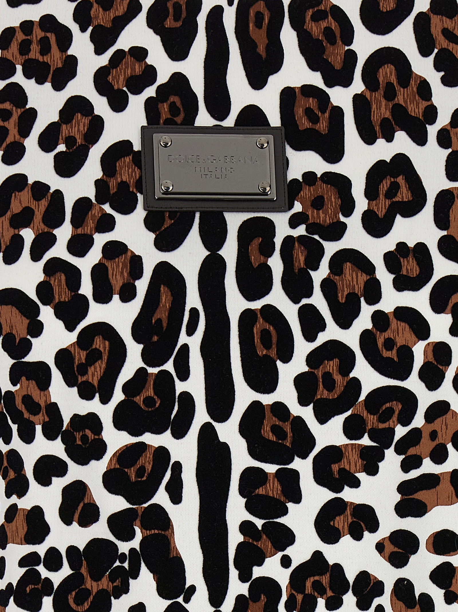 Dolce & Gabbana Crew Neck Flocked Cotton T-shirt With Animal Motif In Black