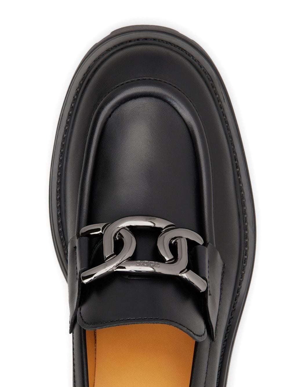 Tod's Semi-shiny Leather Heeled Loafers With Metal Chain Shoes In Black