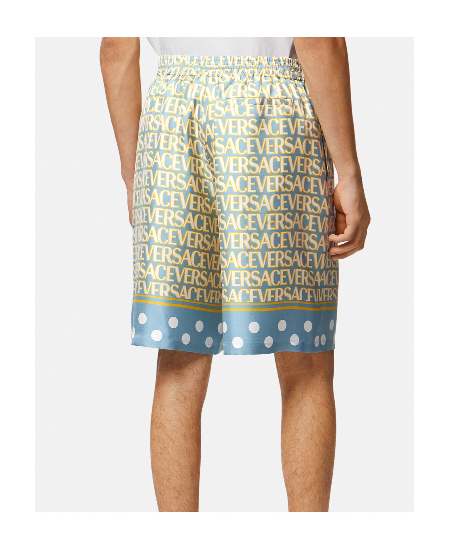 Versace Silk Bermuda Shorts With All-over Logo In Nude