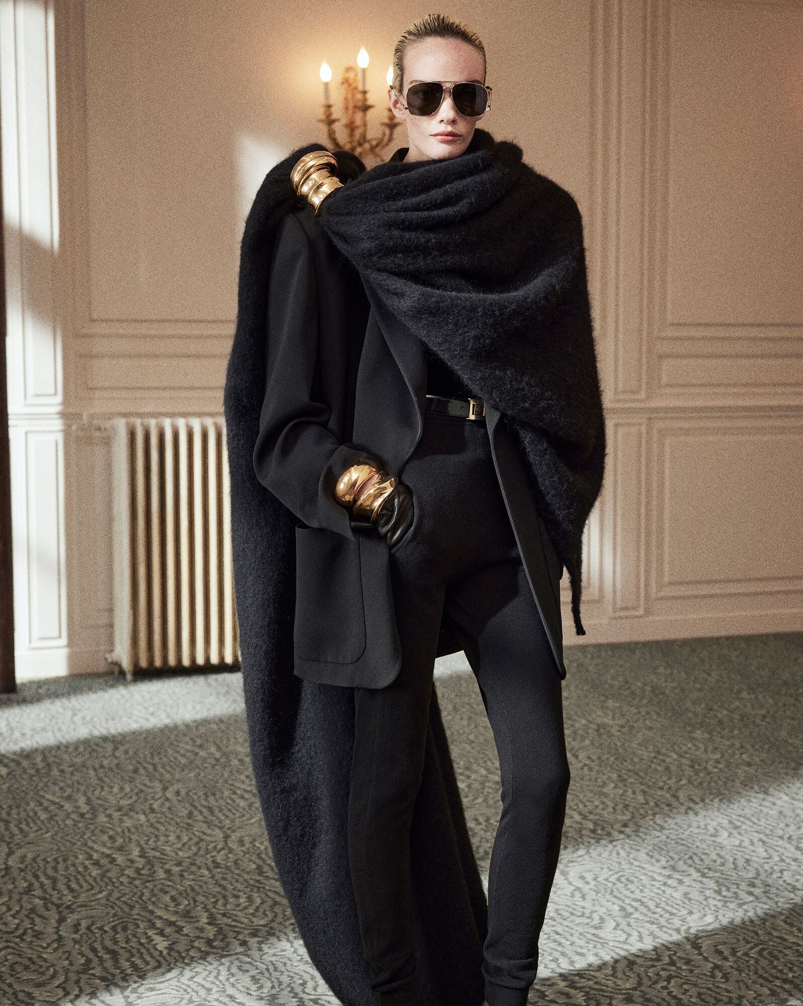 Saint Laurent Fringes Wool Blend Scarf In Black