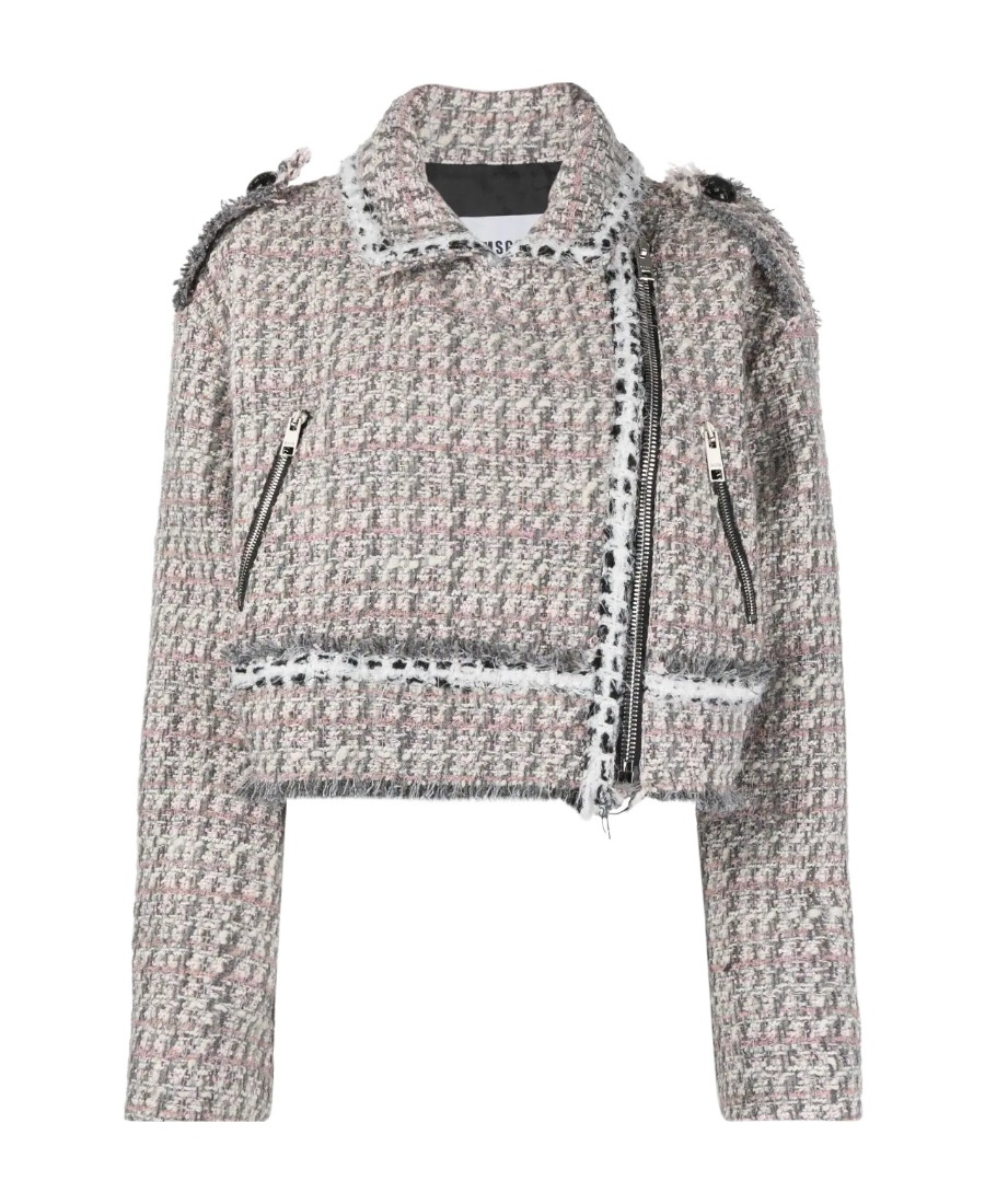 Msgm Cropped Tweed Biker Jacket In Gray