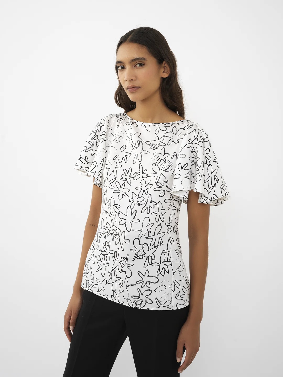 Chloé Doodle Floral Flutter-sleeve Silk Top In White
