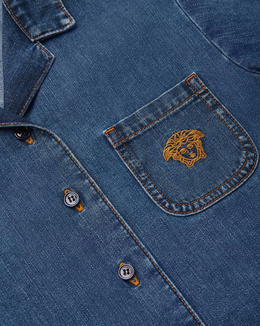 Versace Medusa Head-motif Denim Shirt In Blue