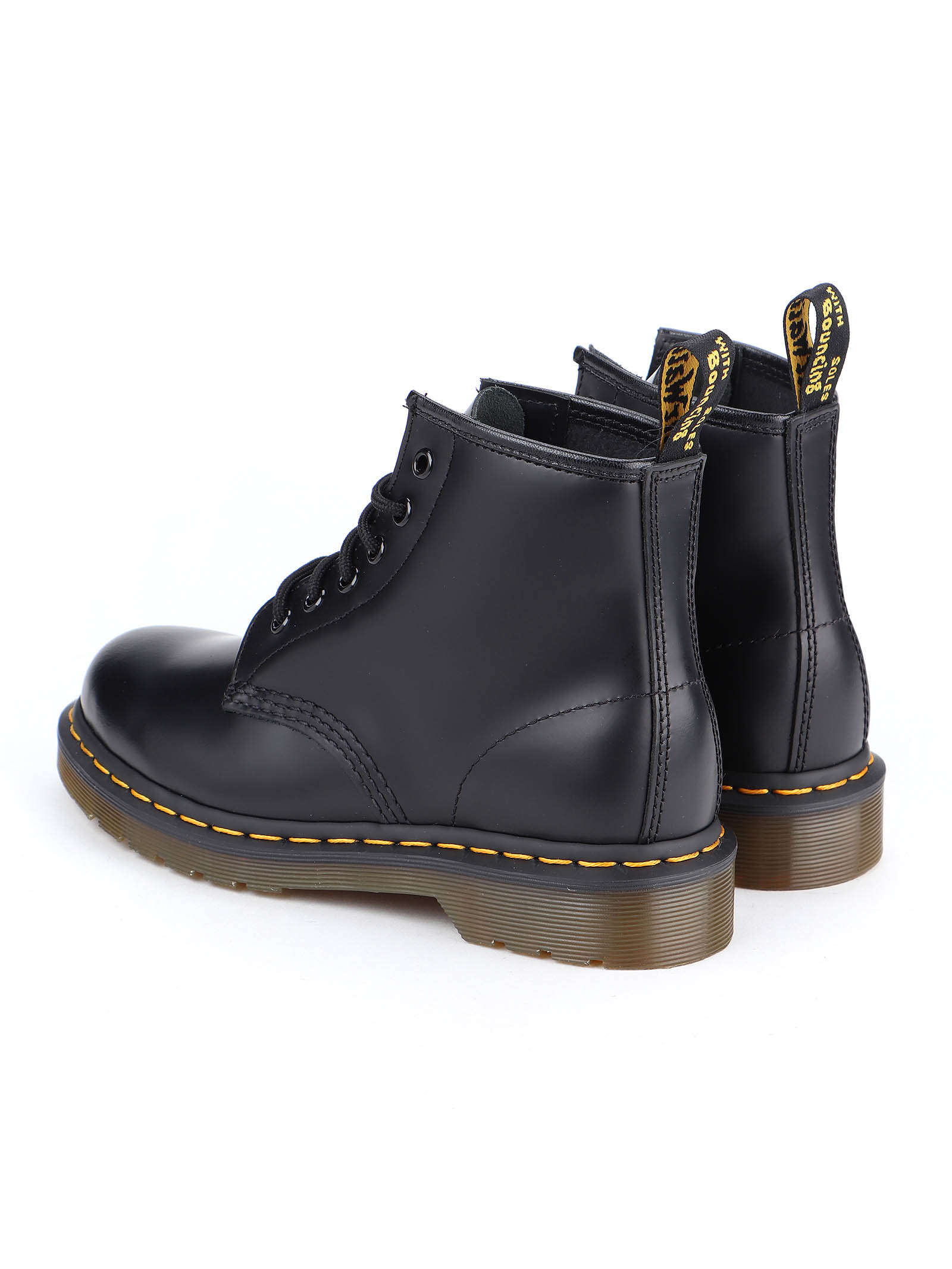 Dr. Martens' 101 Yellow Stitch Smooth Leather Ankle Boots In Black