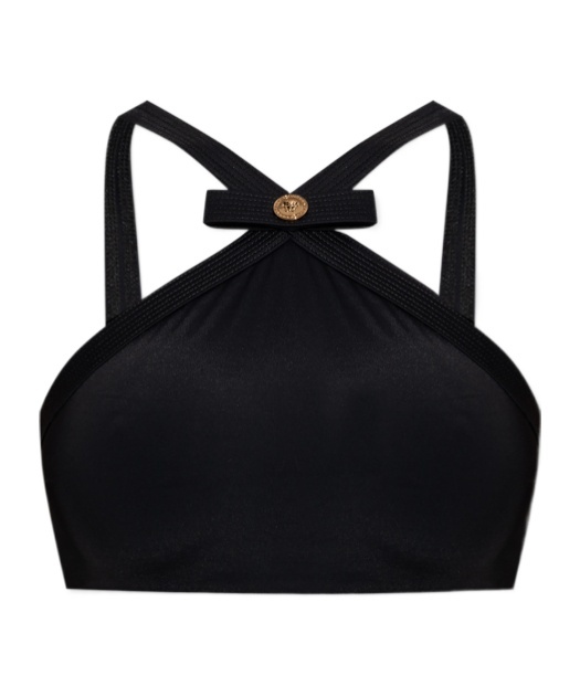 Versace Black Bikini Top With Bow And Gold Logo Plaque
