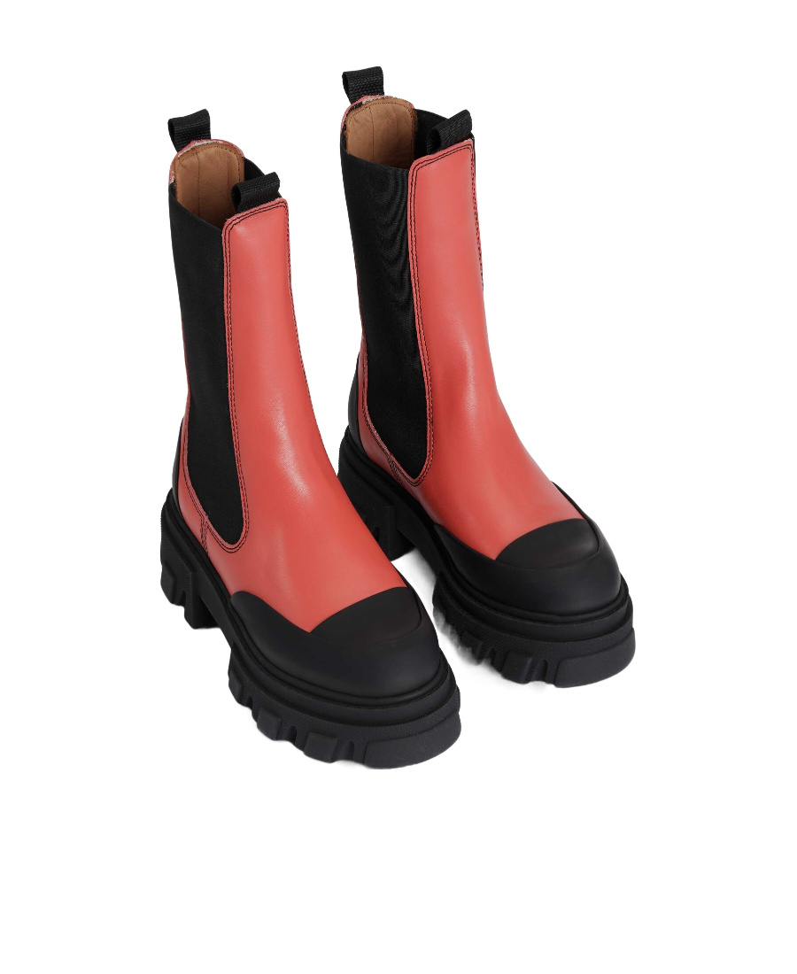 Ganni Cleated Mid Chelsea Combat Boots In Red Leather In Black
