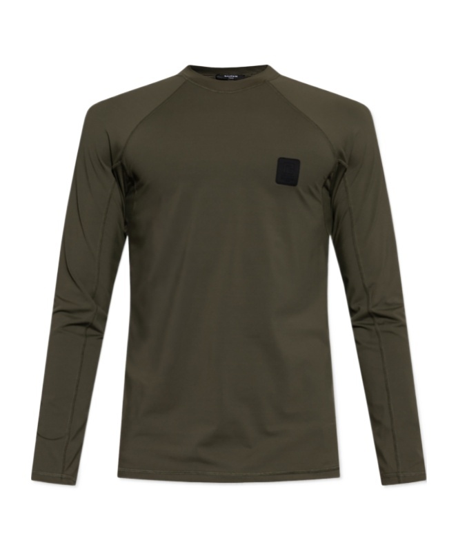 Balmain Round-collar Long-sleeve Swimsuit In Green