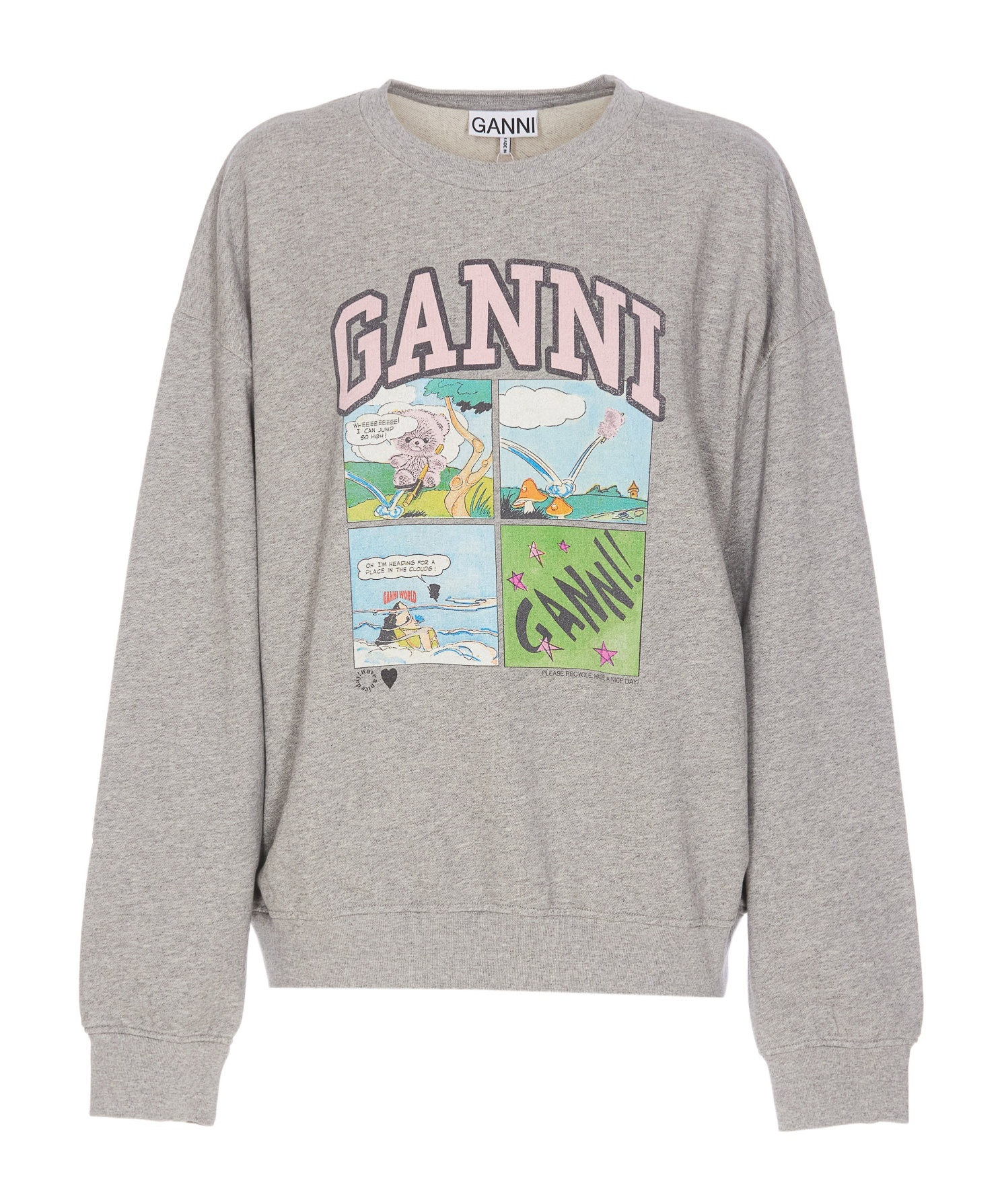Ganni Oversized Sweatshirt With Playful Graphic Print In Gray