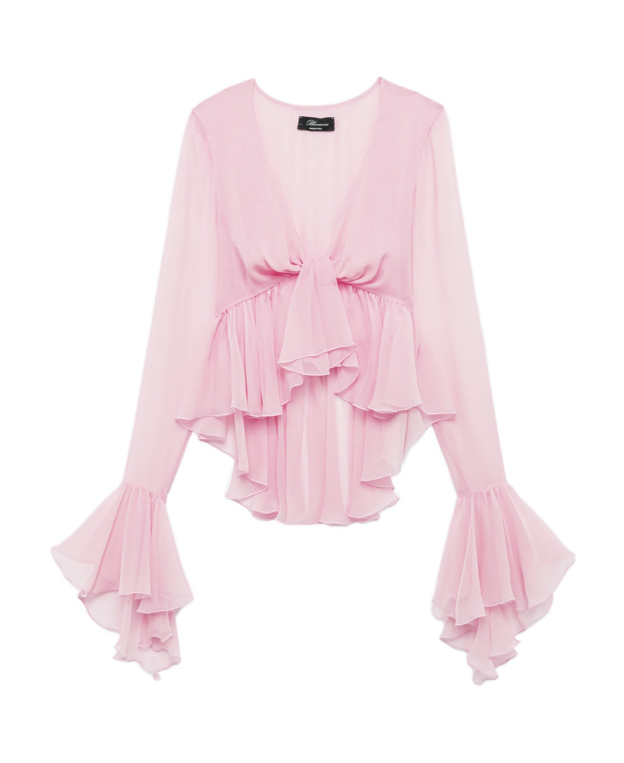 Blumarine Ruffled Long-sleeve Silk Blouse In Pink