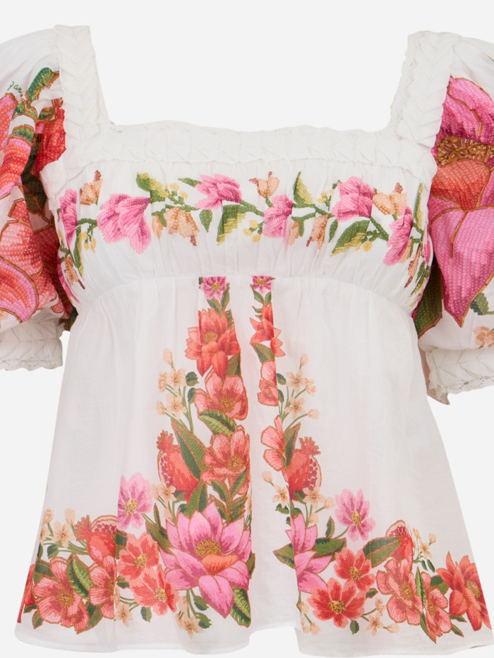 Farm Rio Summer Fruit Cotton Puff-sleeve Square-neck Blouse In White