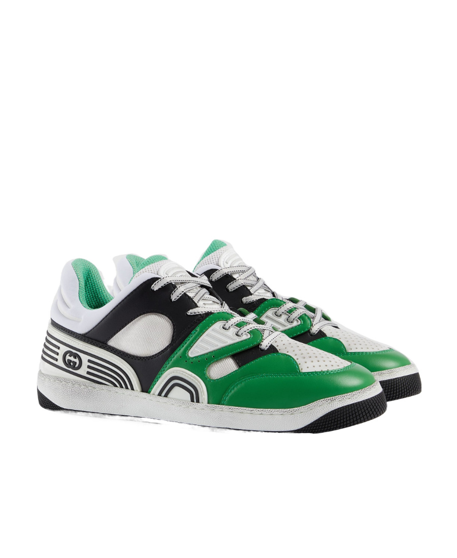Gucci Basket Distressed Leather Sneakers In Gray