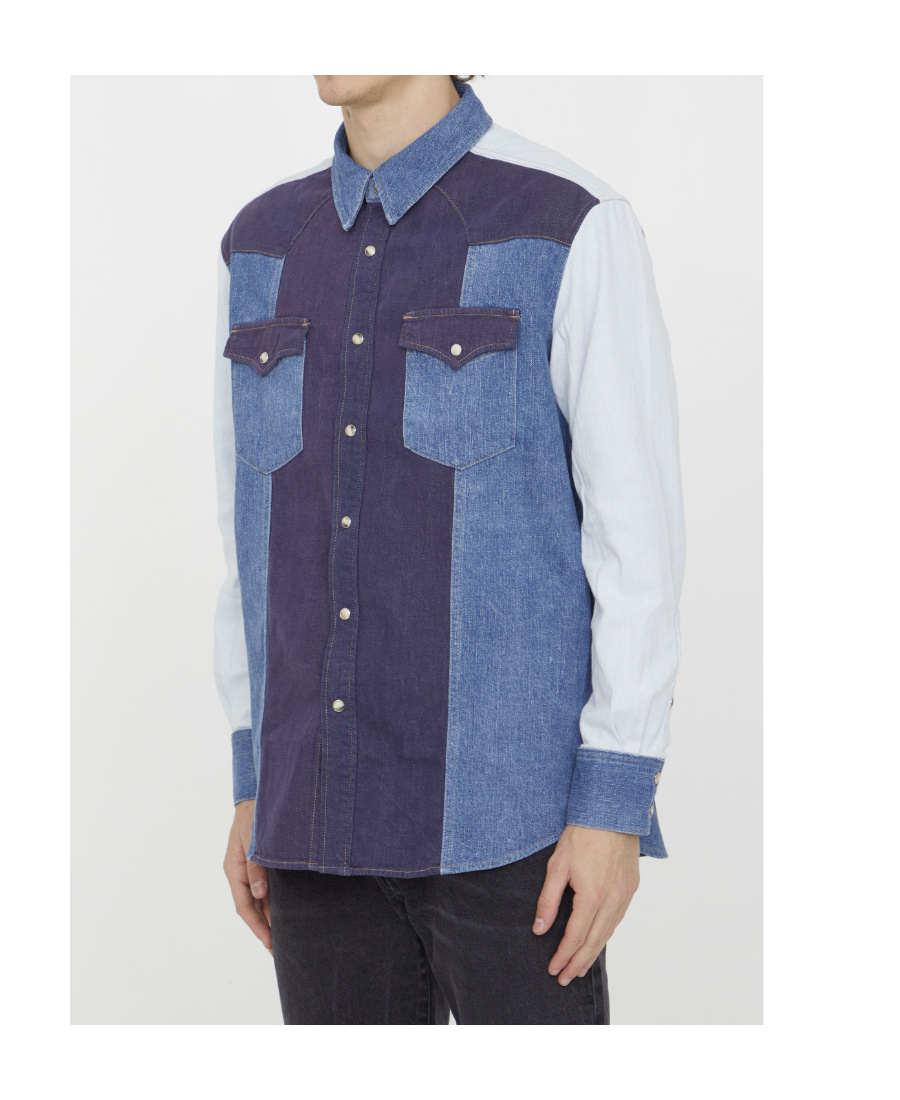 Celine Long-sleeved Spliced Shirt In Blue