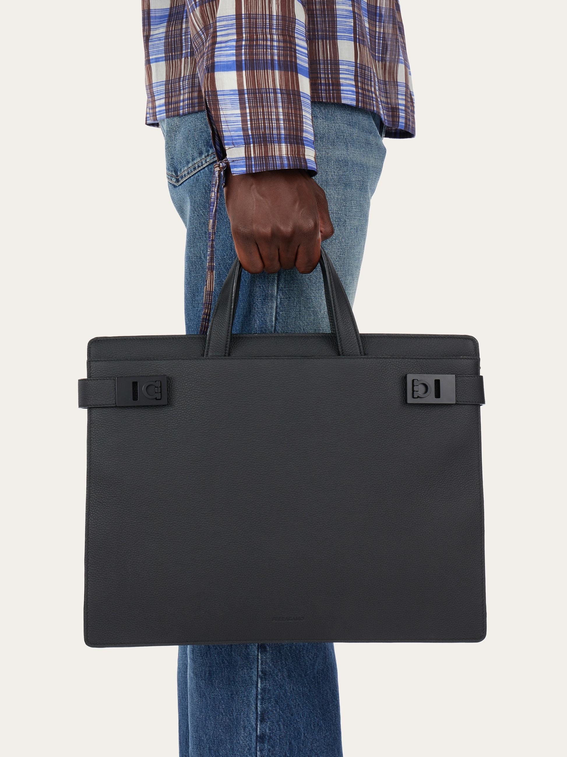 Ferragamo Medium Gancini Buckle Leather Briefcase In Black