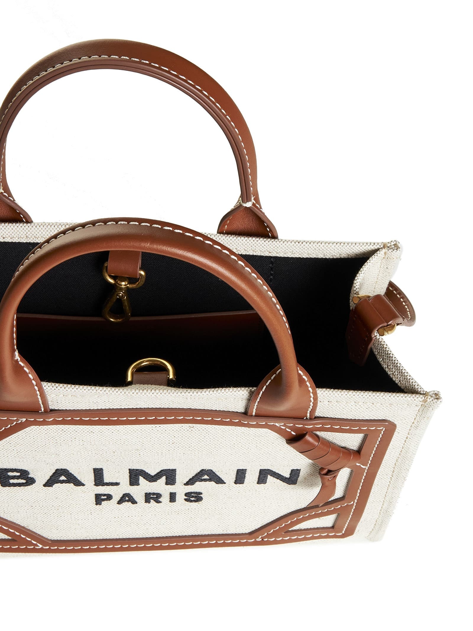 BALMAIN B-ARMY SMALL CANVAS SHOPPING BAG WITH LEATHER INSERTS