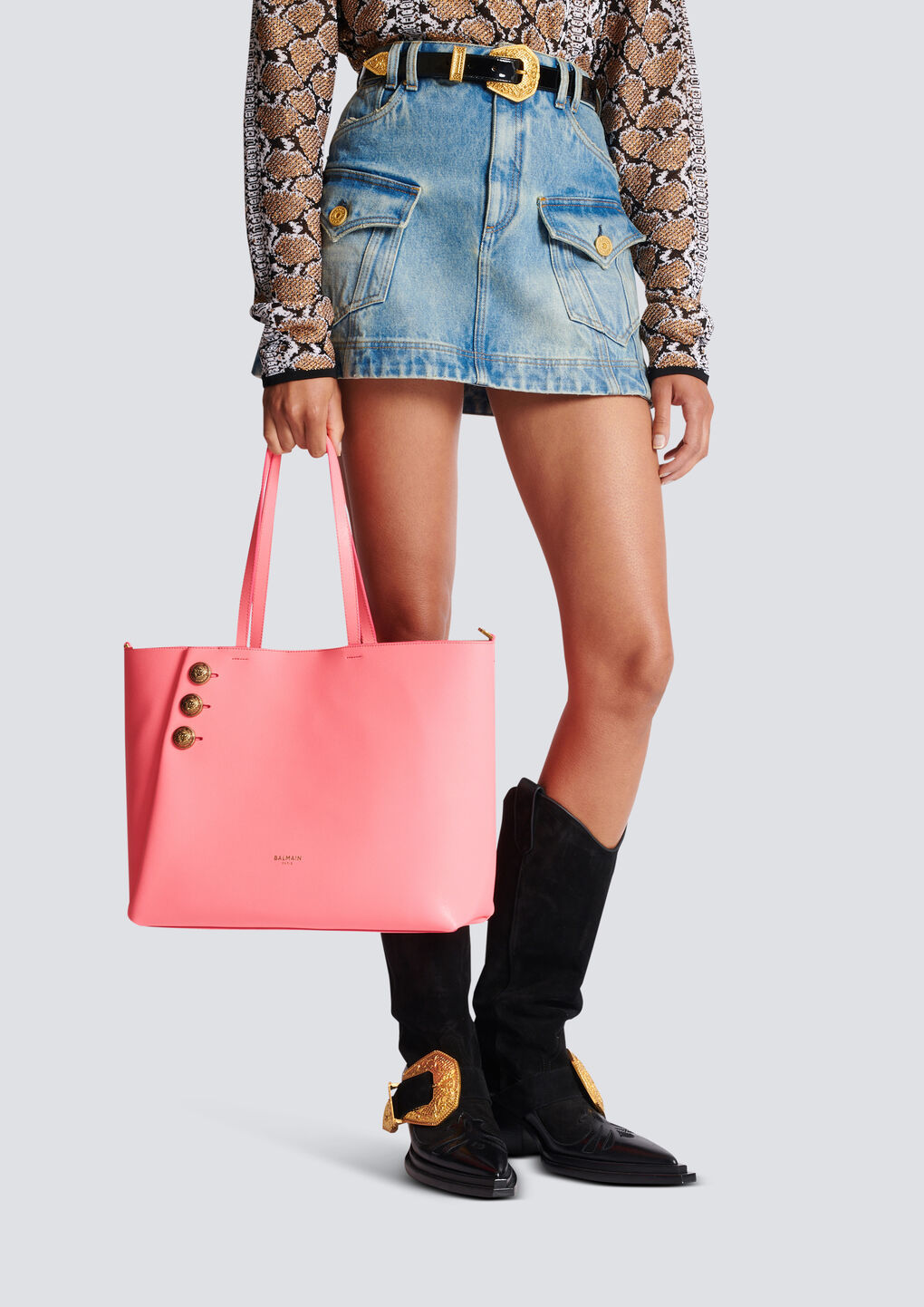 Balmain Emblème Grained Leather Tote Bag In Pink