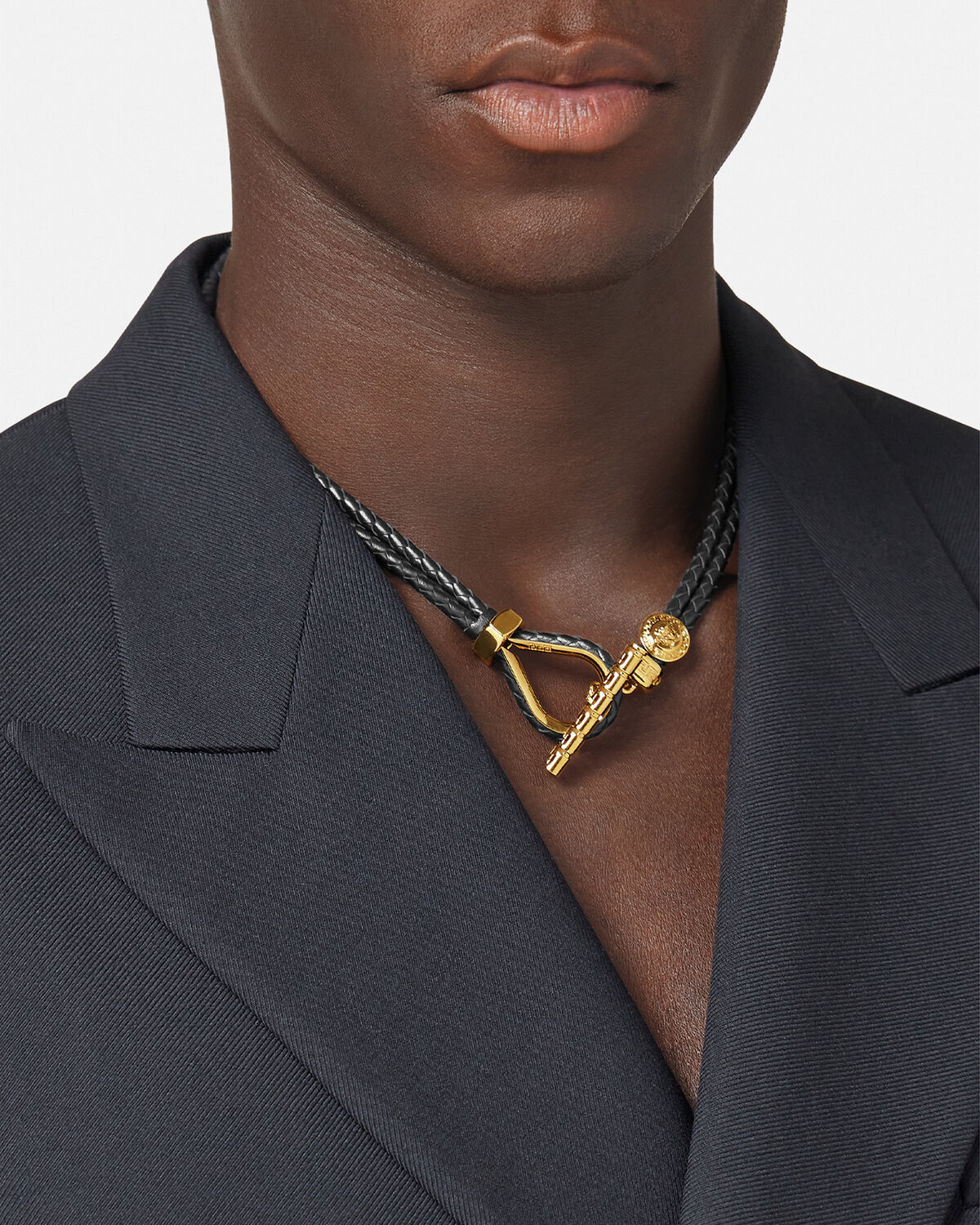 Versace Greca Braided Leather Necklace In Black