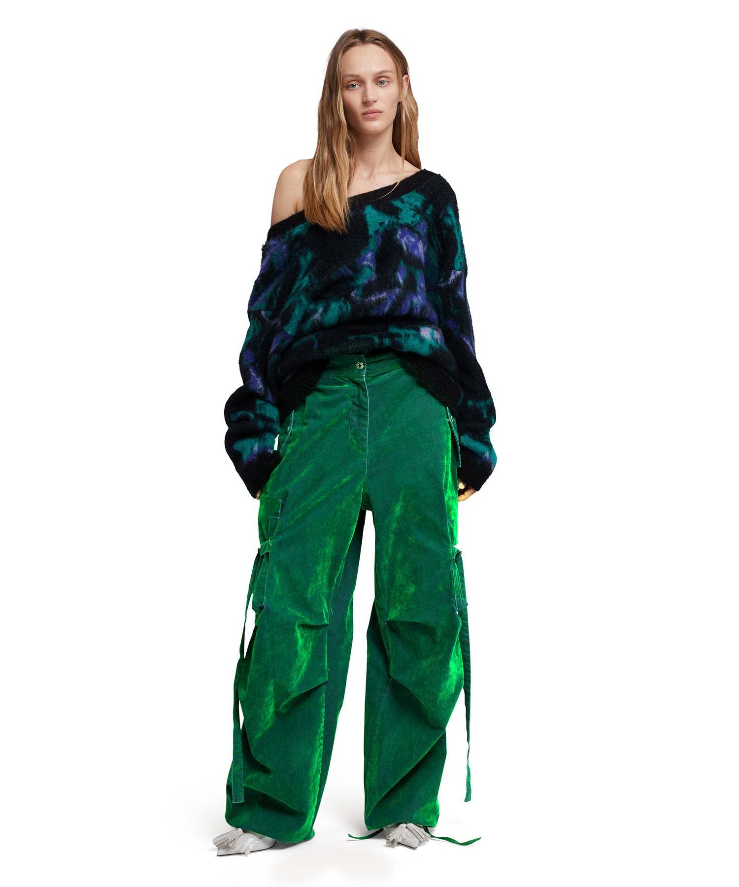 Msgm Flock Denim High-waisted Cargo Jeans In Green