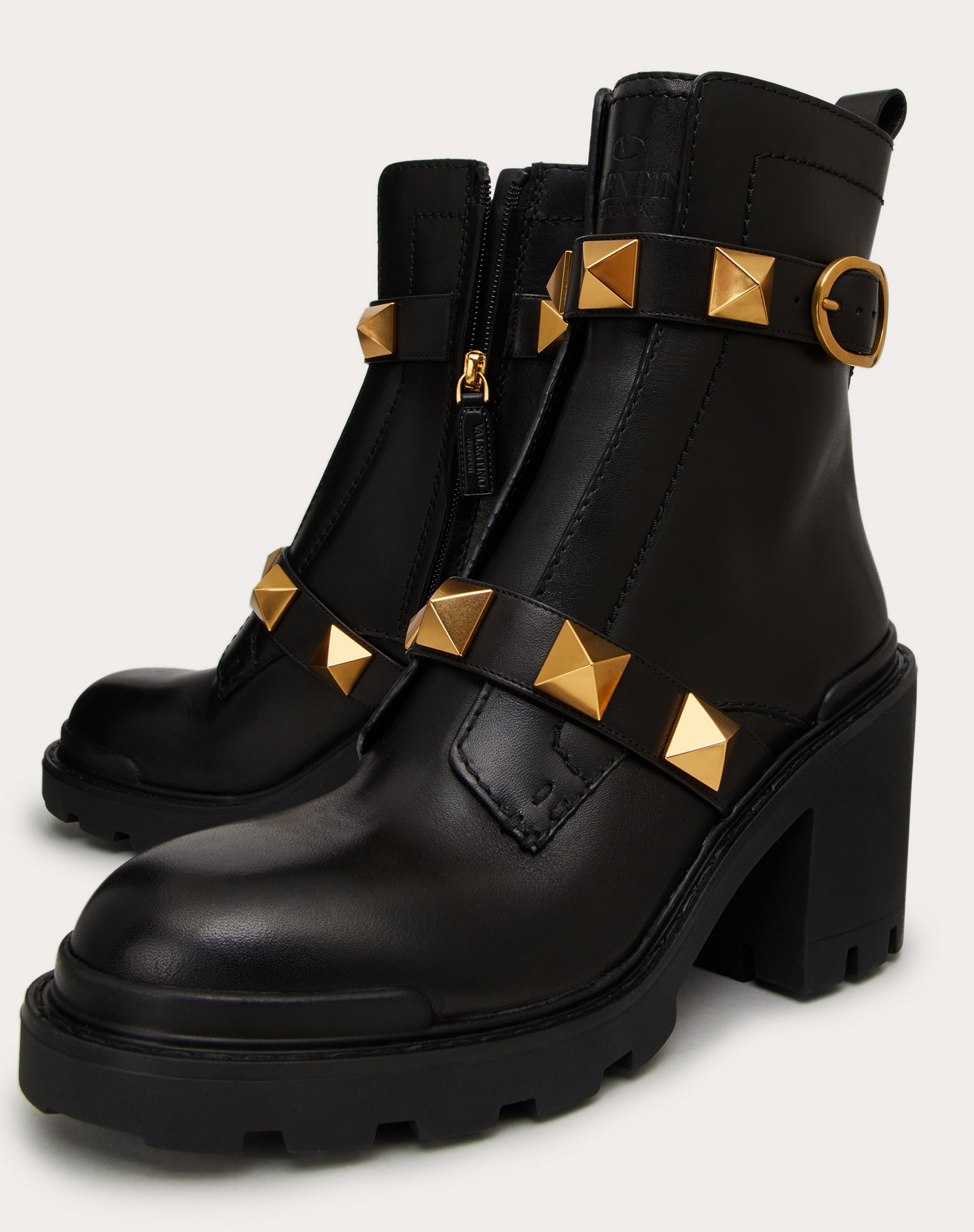 Valentino Garavani Combat Black Leather Boots With Antique Brass Studs In Nero