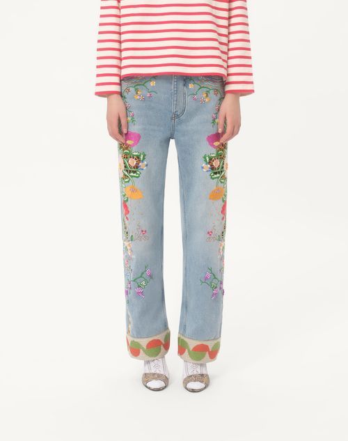Valentino Womens Floral-embroidery Wide-leg Denim Jeans Denim Blu Lav Chiaro In Blue