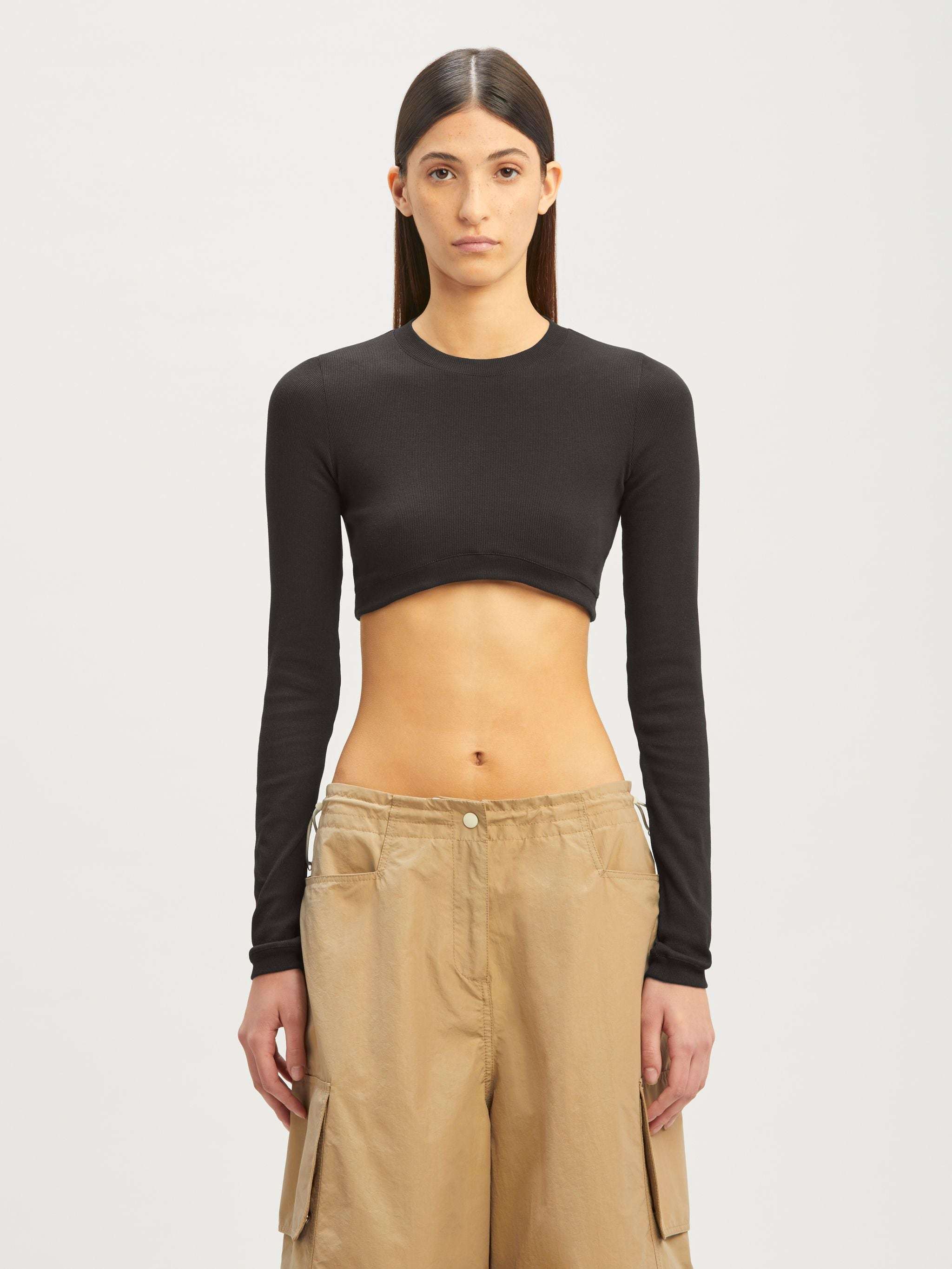 Palm Angels Crewneck Long-sleeved Cropped Top In Black