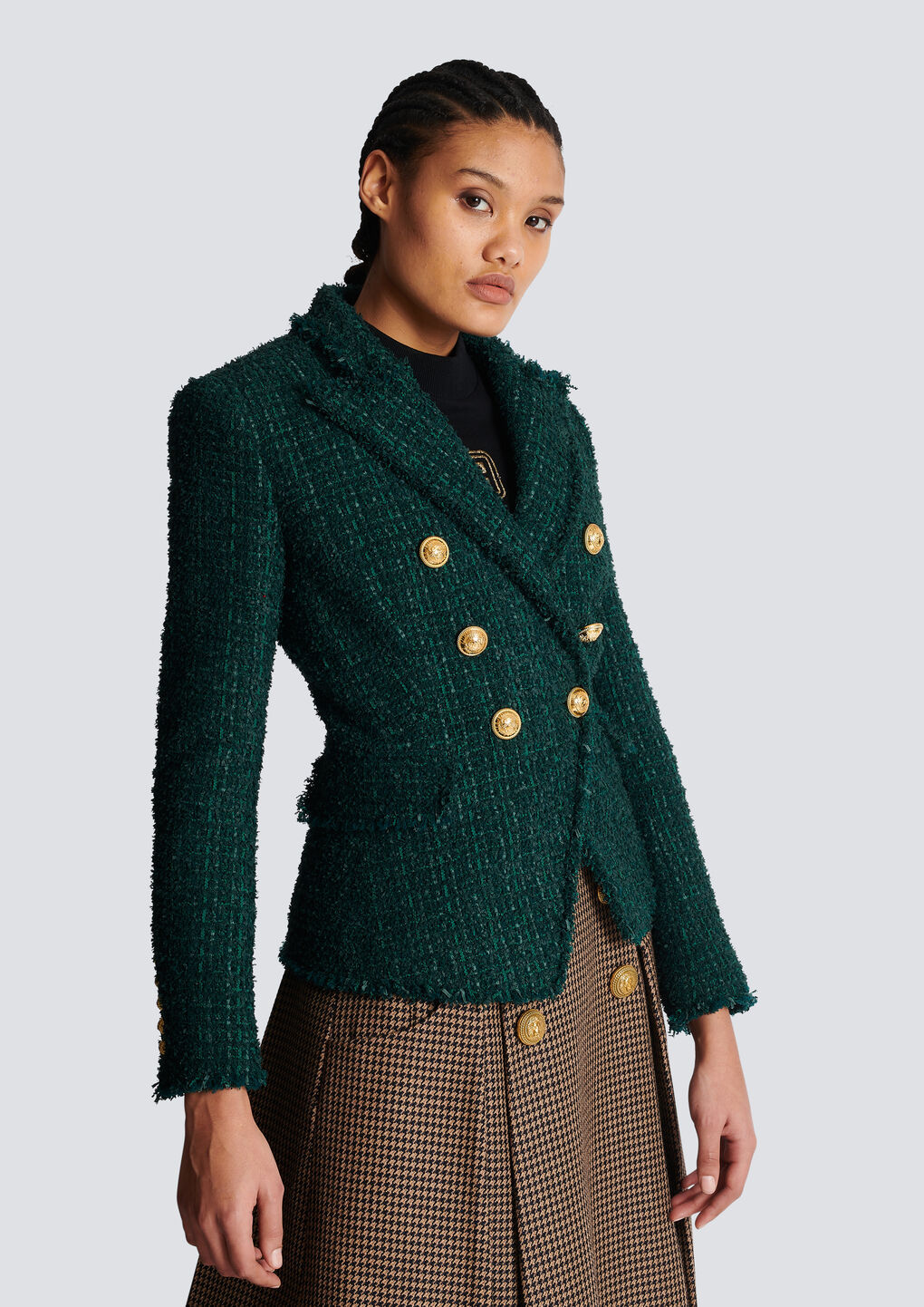 Balmain Tweed Double-breasted Blazer Jacket In Green