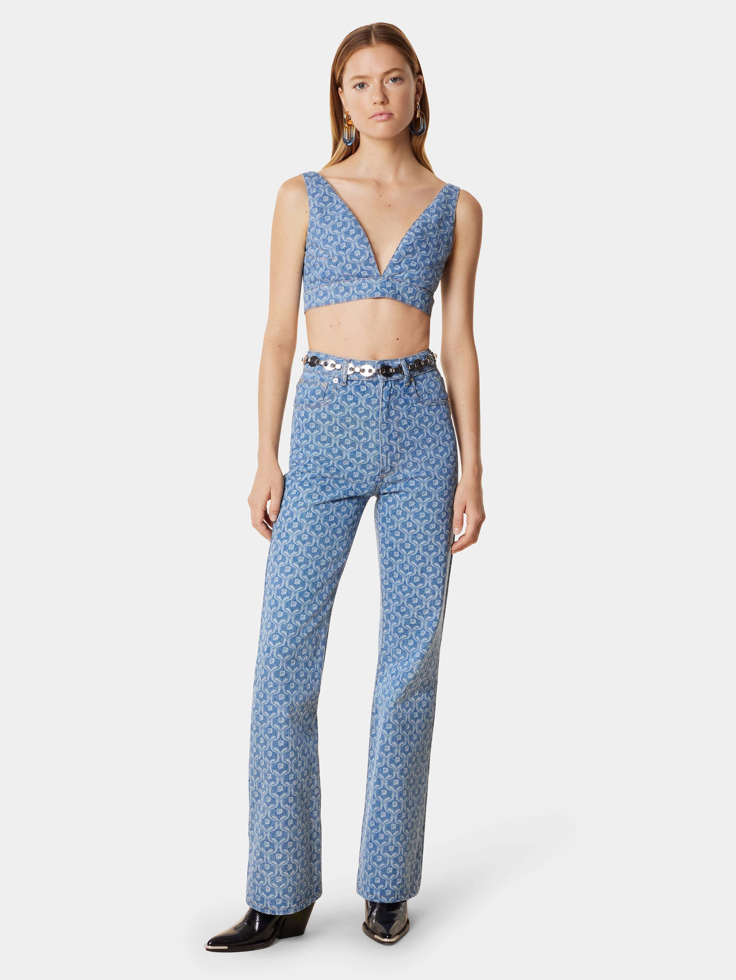 Rabanne Chain-print Cropped Denim Top In Blue