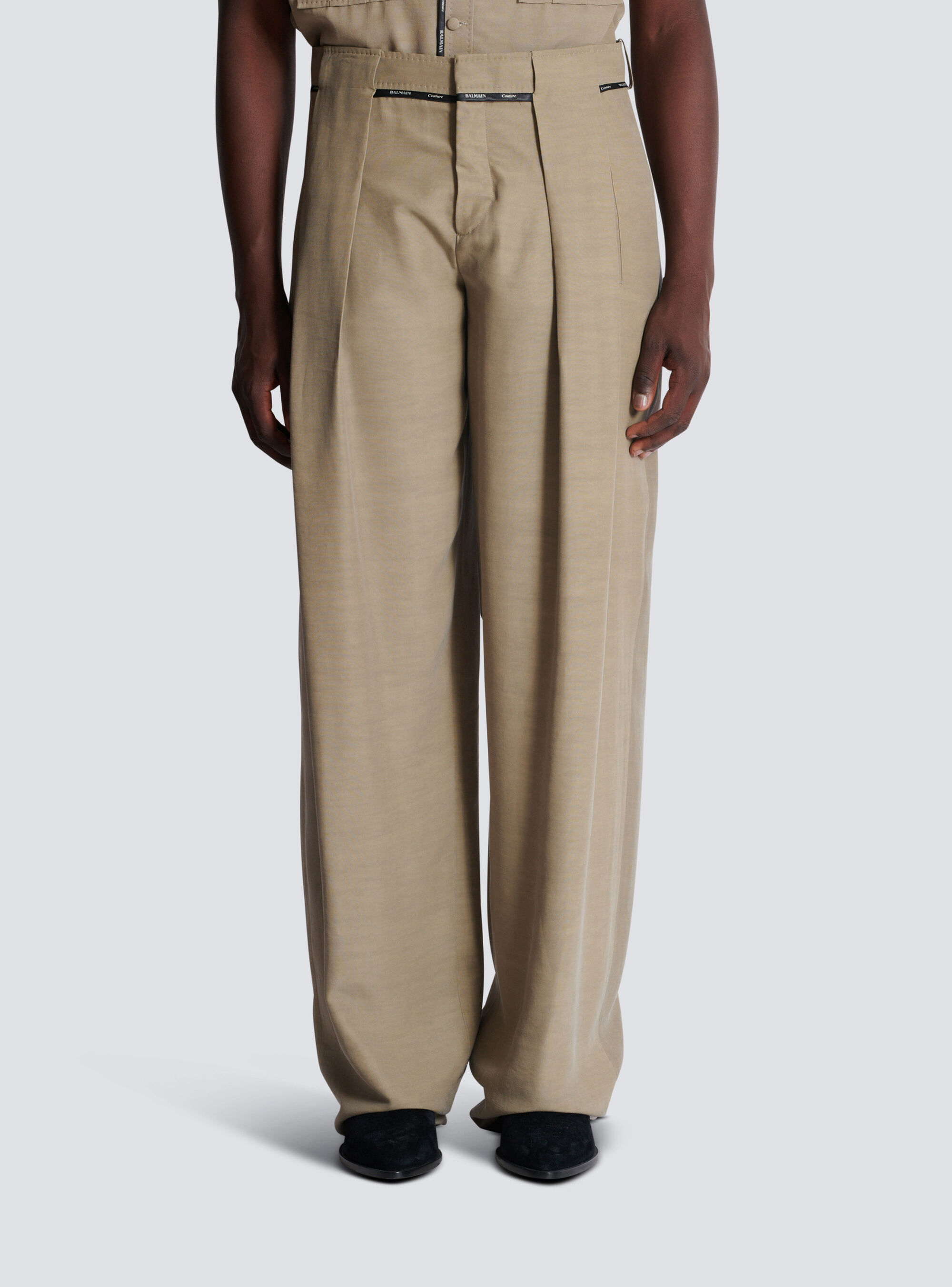 Balmain Men's Taupe Cupro Pleated Pants In Nude